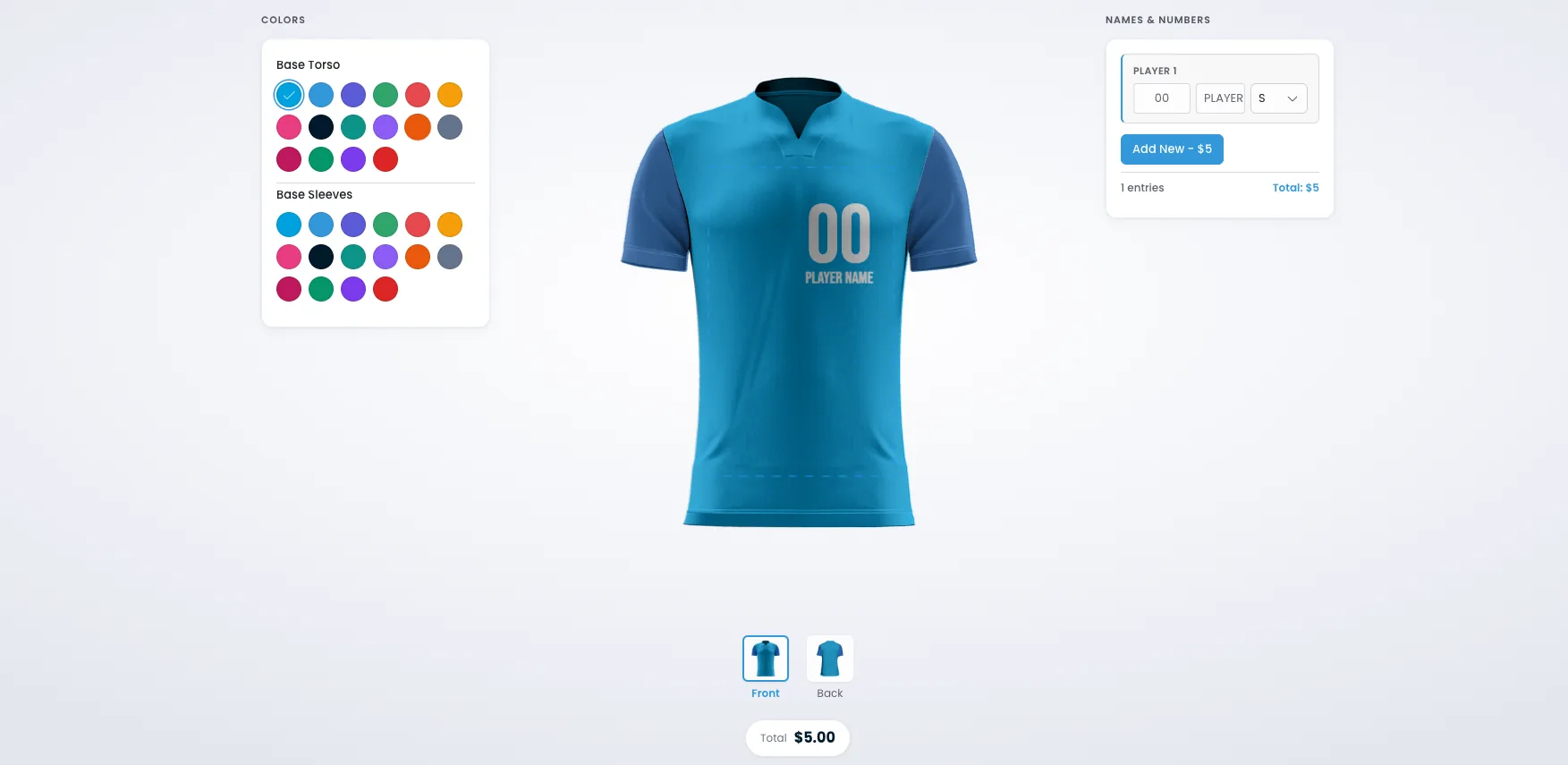 Jersey designer with color picker, player names, and number customization