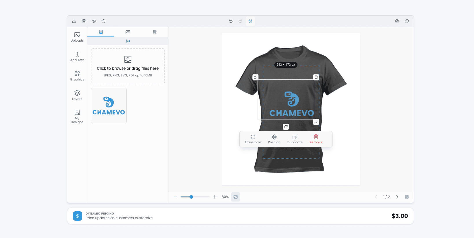 T-shirt customizer with logo upload, text, and graphics tools
